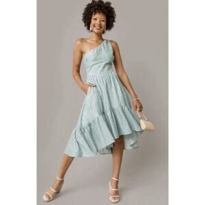 AUDREY PARKS Women’s Sloane Stripped One Shoulder Green & White Midi Dress Sz Sm